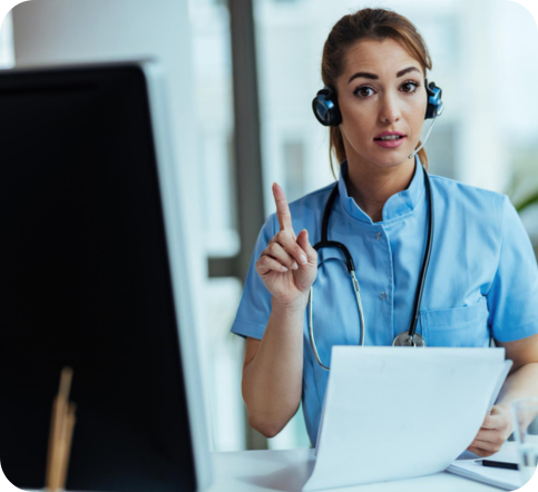 A healthcare professional assisting a patient through online support, offering 24/7 assistance for health-related inquiries at Amax Healthcare.
