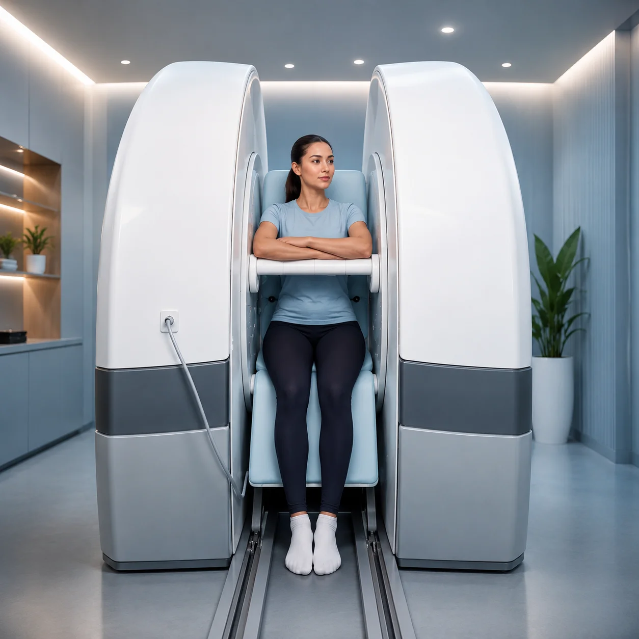 Patient undergoing a sitting MRI scan in Dubai