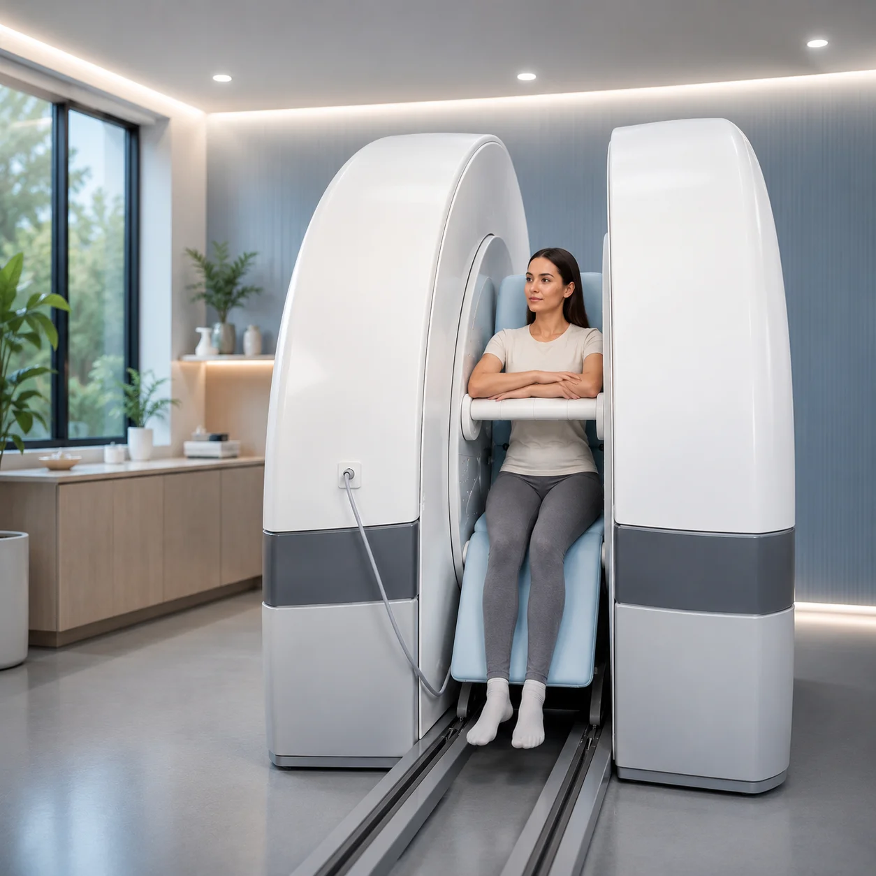 Patient receiving an upright MRI scan in Dubai