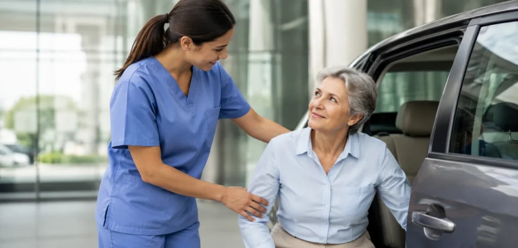 Medical escort helping a patient enter a vehicle