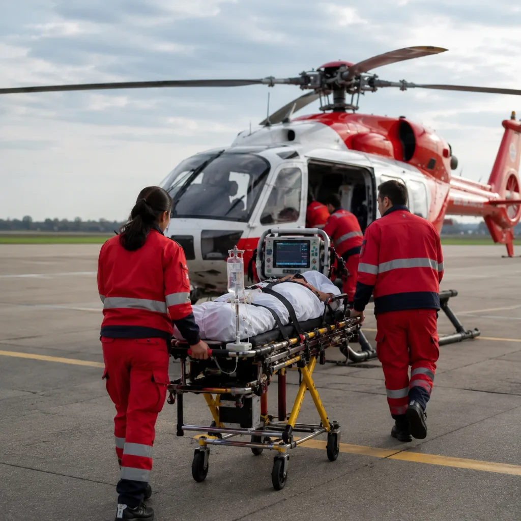 Medical staff transporting a patient for air ambulance evacuation in Dubai