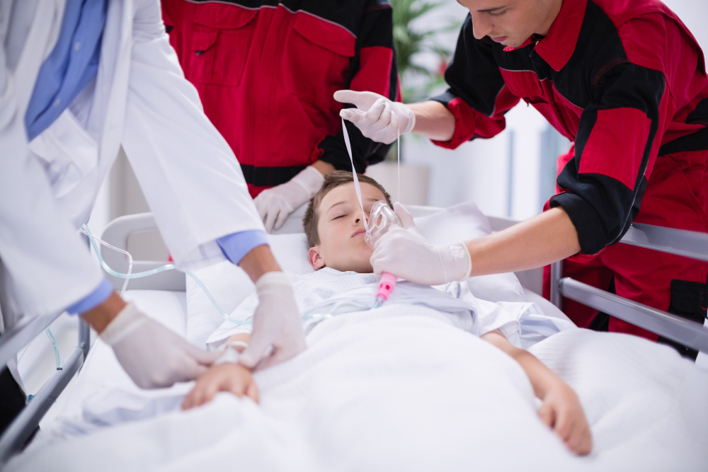 Patient and medical team during emergency medical evacuation in Dubai