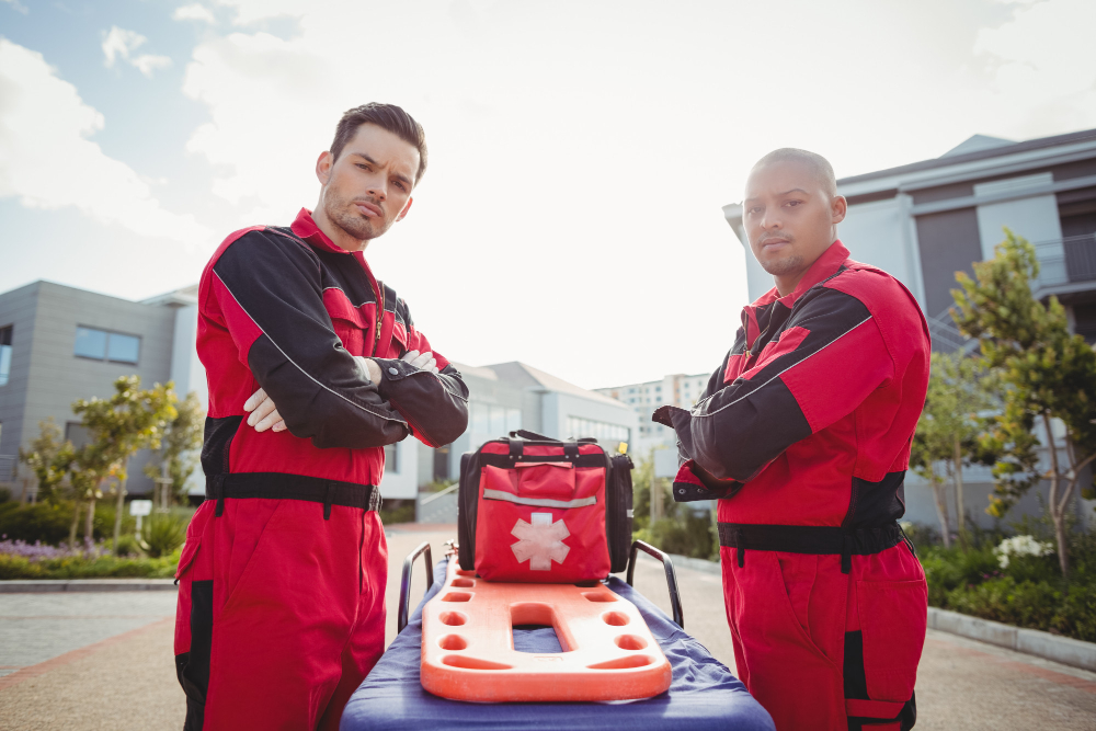 Air ambulance medical team with advanced life support equipment