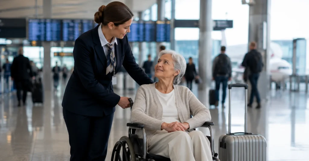 Medical escort team assisting a patient at the airport