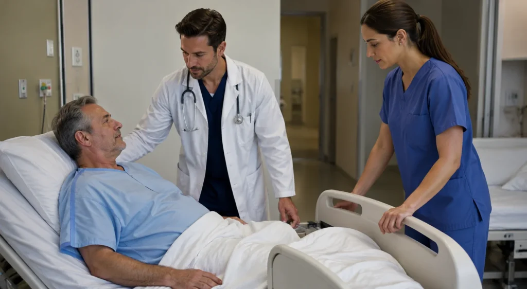 A nurse and a doctor providing medical escort care to a patient