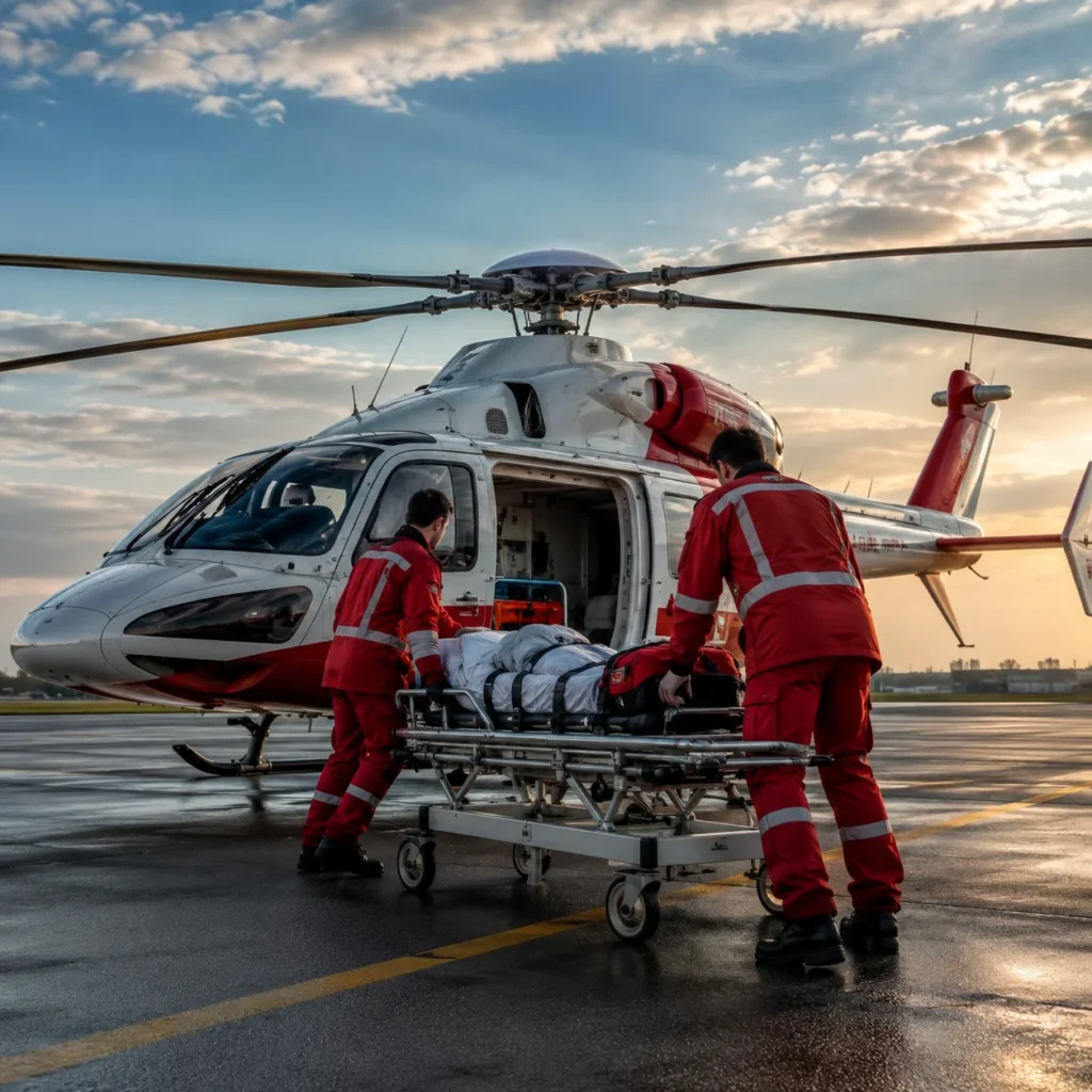 Air ambulance medical team providing emergency patient care